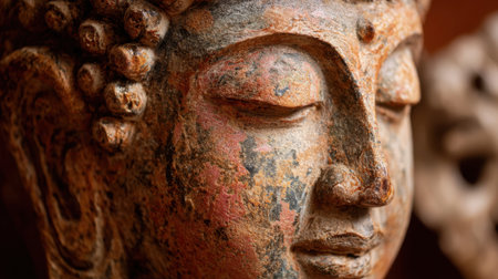 A serene Buddha with intricate details and a weathered texture radiating calmness.の素材