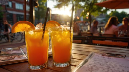 Two colorful drinks with ice and orange slices sit on a wooden table during sunset surrounded by people.の素材