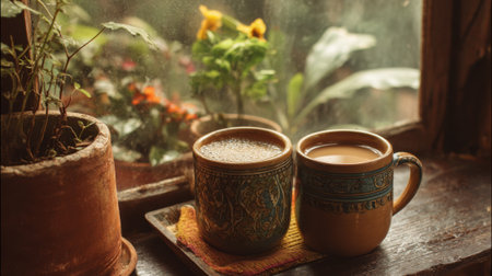 Two steaming cups of coffee sit on a wooden windowsill with vibrant flowers nearby.の素材