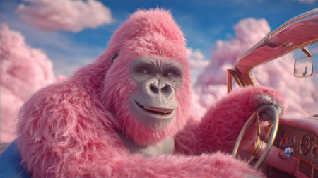 A cheerful pink gorilla sits in a classic car cruising through whimsical clouds against a bright backdrop.の素材