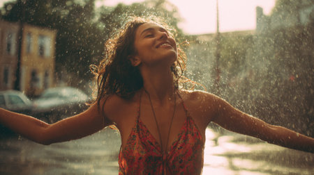 A young woman enjoys the rain smiling wide as sunlight filters through drops creating a magical atmosphere.の素材