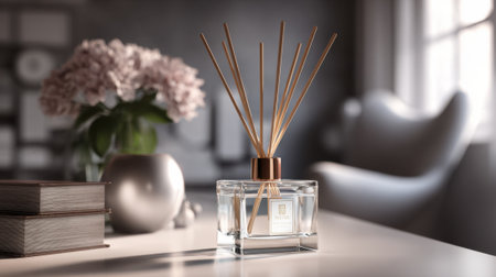 Fragrant reeds stand tall in a glass vessel next to a delicate floral arrangement bringing calmness.の素材