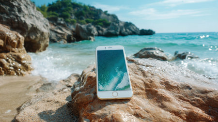 A smartphone sits on a sunlit rock surrounded by the calming sounds of ocean waves crashing nearby.の素材