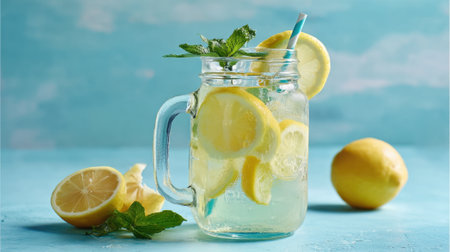 A vibrant drink made with fresh lemons and mint leaves awaits on a cheerful blue background.の素材
