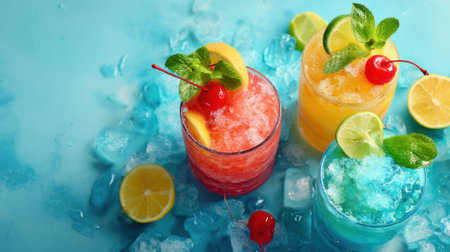 Three frozen vibrant drinks sit on ice adorned with fresh fruit evoking a joyful summer atmosphere.の素材