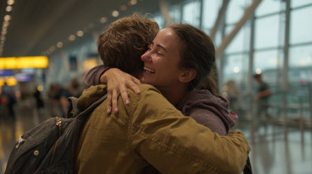 Friends celebrate their reunion with a warm hug at the bustling airport terminal filled with joy.の素材