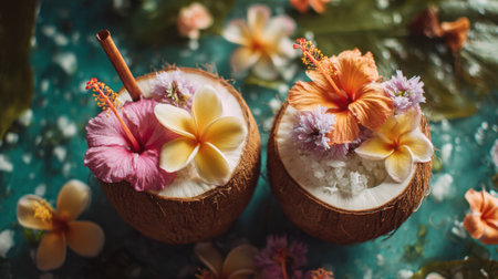 Enjoy refreshing cocktails topped with colorful flowers capturing the essence of summer joy.の素材