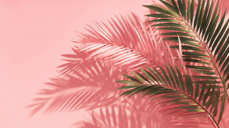 Palm leaves create intricate shadows on a bright pink wall evoking a tropical feel and calm ambiance.の素材