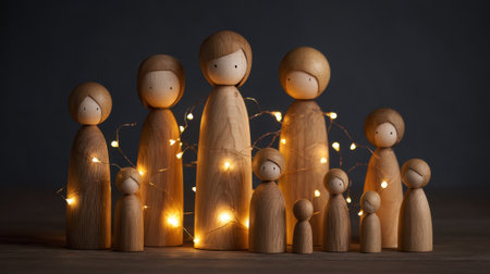Wooden figures stand together adorned with twinkling lights exuding warmth and creativity at dusk.の素材