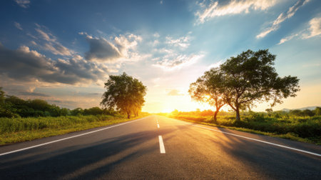 A tranquil road stretches into the horizon as the sun sets casting a warm glow over the landscape.の素材