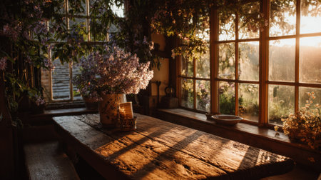 Warm sunlight shines through the windows casting gentle shadows on a wooden table with flowers.の素材