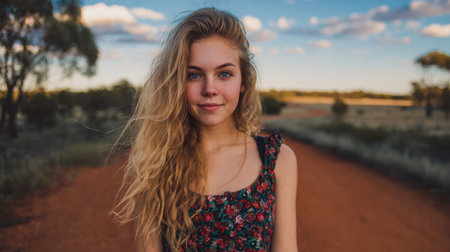 A girl with curly hair smiles warmly while standing on a dirt road surrounded by nature.の素材