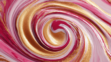A vibrant mix of pink and gold paints twists together forming a beautiful spiral pattern.の素材