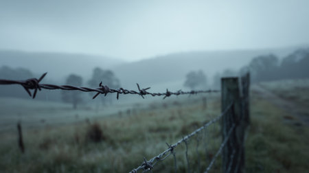 A serene pasture unfolds under a blanket of morning mist featuring a barbed wire fence.の素材