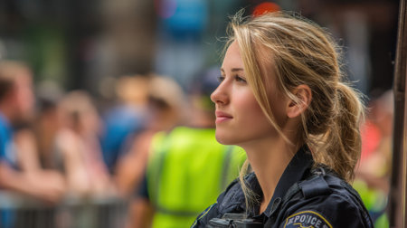 A police officer observes the lively crowd at a summer celebration ensuring safety and order.の素材