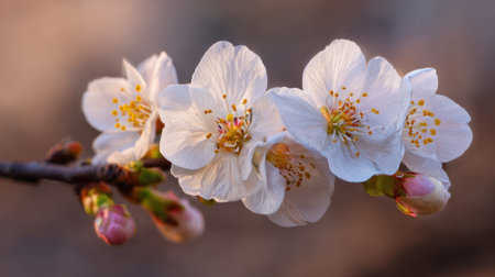 Cherry blossoms open gently in the warm spring sun showing their delicate beauty and fresh buds.の素材