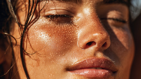 A woman with glistening skin enjoys the warmth of sunlight after swimming radiating beauty and joy.の素材