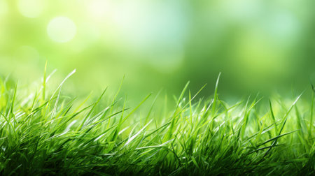 Fresh green blades of grass dance lightly in a warm breeze illuminated by gentle sunlight.の素材
