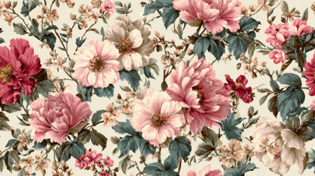 Lush flowers in shades of pink and cream create a stunning design full of life and charm.の素材