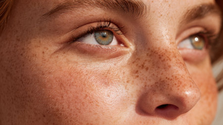 A young person with stunning freckles and bright blue green eyes enjoys soft warm light on their face.の素材