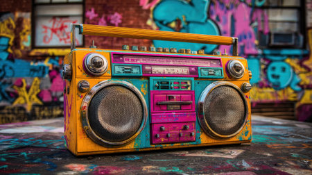 A colorful vintage boombox sits proudly in front of a graffiti wall filled with artistic expressions.の素材