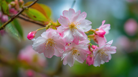 Pink cherry blossoms adorn branches in a peaceful garden signaling the arrival of spring.の素材