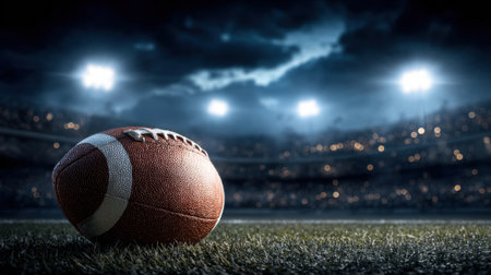Under a dramatic sky a football lies on the field as stadium lights shine brightly creating anticipation.の素材