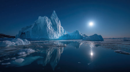 A stunning iceberg stands tall in calm waters as the moon casts its soft light creating a serene scene.の素材