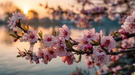 Delicate pink cherry blossoms frame a tranquil lake as the sun sets casting warm hues on the water.の素材