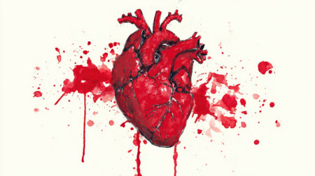 A striking heart illustration features bright red splatters symbolizing passion and vitality.の素材