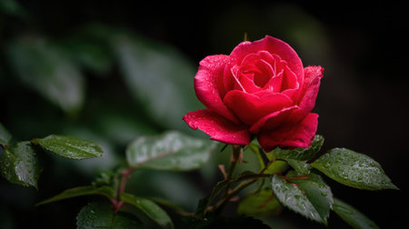 A stunning red rose stands proudly among vibrant green leaves sparkling with raindrops.の素材