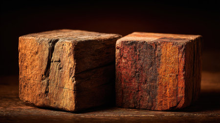 Two rustic wooden blocks display intricate textures and colors under warm lighting creating a cozy atmosphere.の素材