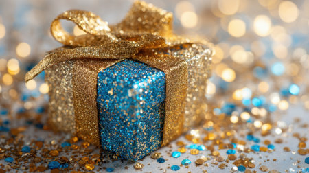 A vibrant blue gift box with golden ribbon sits among colorful confetti creating a festive mood.の素材