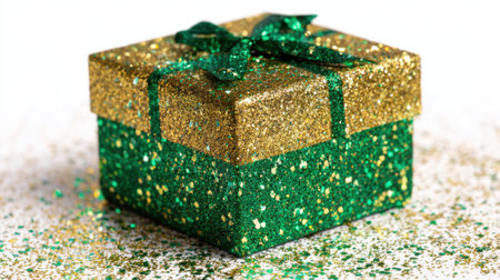 A beautiful green and gold gift box sits on a table covered in colorful confetti perfect for celebrations.の素材