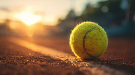 A vibrant yellow tennis ball sits alone on the clay court as the sun sets casting warm hues.の素材