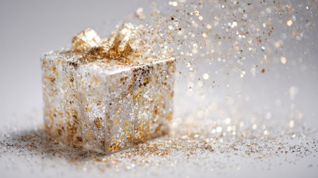 A beautifully wrapped gift box is surrounded by shimmering golden glitter creating a joyful atmosphere.の素材