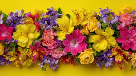 Bright blooms in various colors arranged beautifully against a sunny yellow backdrop evoking joy.の素材
