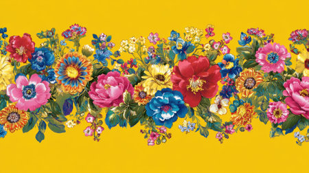 This design showcases an array of flowers in various colors resting on a sunny yellow backdrop evoking joy.の素材