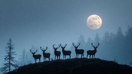 In a tranquil forest deer silhouettes gather on a hill illuminated by the bright full moon.の素材