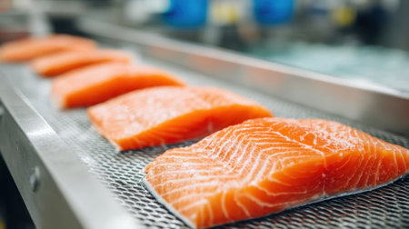 Salmon fillets lined up on a metal tray await preparation in a bustling kitchen.の素材