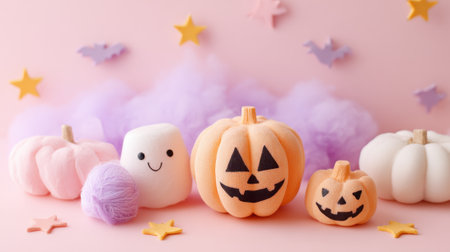 Cute pumpkins with smiling faces sit alongside a playful marshmallow creating a festive Halloween scene.の素材