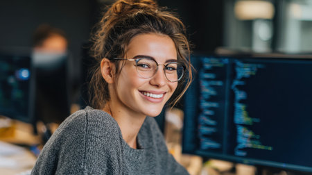 A young woman smiles brightly while coding in a trendy office environment with multiple screens.の素材