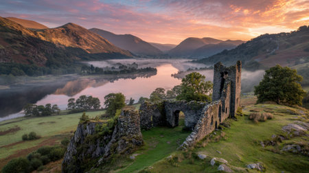 Sunrise casts a warm glow on historic ruins near a peaceful lake with hills rising in the background.の素材