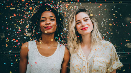 Friends are smiling and enjoying a fun celebration with colorful confetti showering around them.の素材