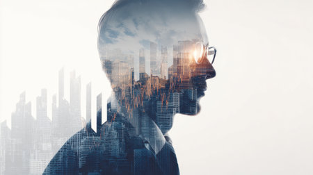 A thoughtful person with glasses gazes into the horizon blending with a vibrant urban skyline.の素材