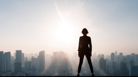 A person stands in profile on a building rooftop gazing at the vibrant sunset over the urban skyline.の素材
