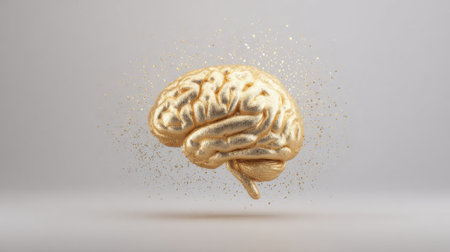 A golden brain sculpture hovers gracefully surrounded by sparkling dust showing creativity.の素材