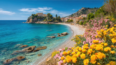 Bright flowers bloom along a sandy shoreline beside clear blue waters and rocky cliffs.の素材