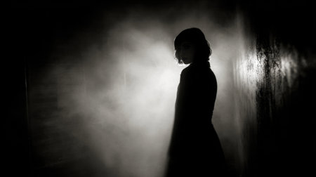 A shadowy figure stands still in a foggy corridor creating an atmosphere of mystery and suspense.の素材