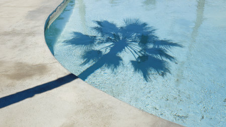 A tranquil scene shows the shadow of a palm tree reflected in pool water under bright sunshine.の素材